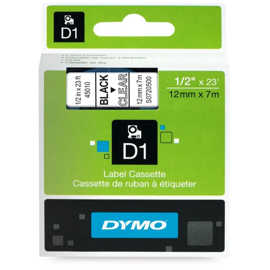 Dymo D1 - Ruban d'étiquettes auto-adhésives - 1 rouleau (12 mm x 7 m) - fond transparent écriture noire