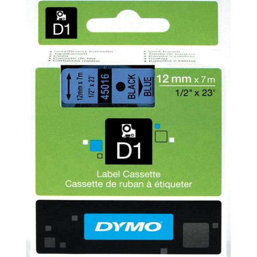 Dymo D1 - Ruban d'étiquettes auto-adhésives - 1 rouleau (12 mm x 7 m) - fond bleu écriture noire