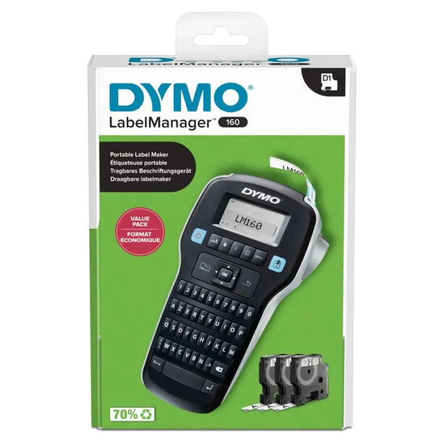 Dymo LabelManager 160 - Étiqueteuse - imprimante d'étiquettes - impression par transfert thermique (Pack étiqueteuse + 3 rubans D1)