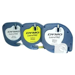 Dymo LetraTAG - Ruban d'étiquettes auto-adhésives - 3 rouleaux métalique, papier et plastique (12 mm x 4 m) - fond jaune ou blanc écriture noire