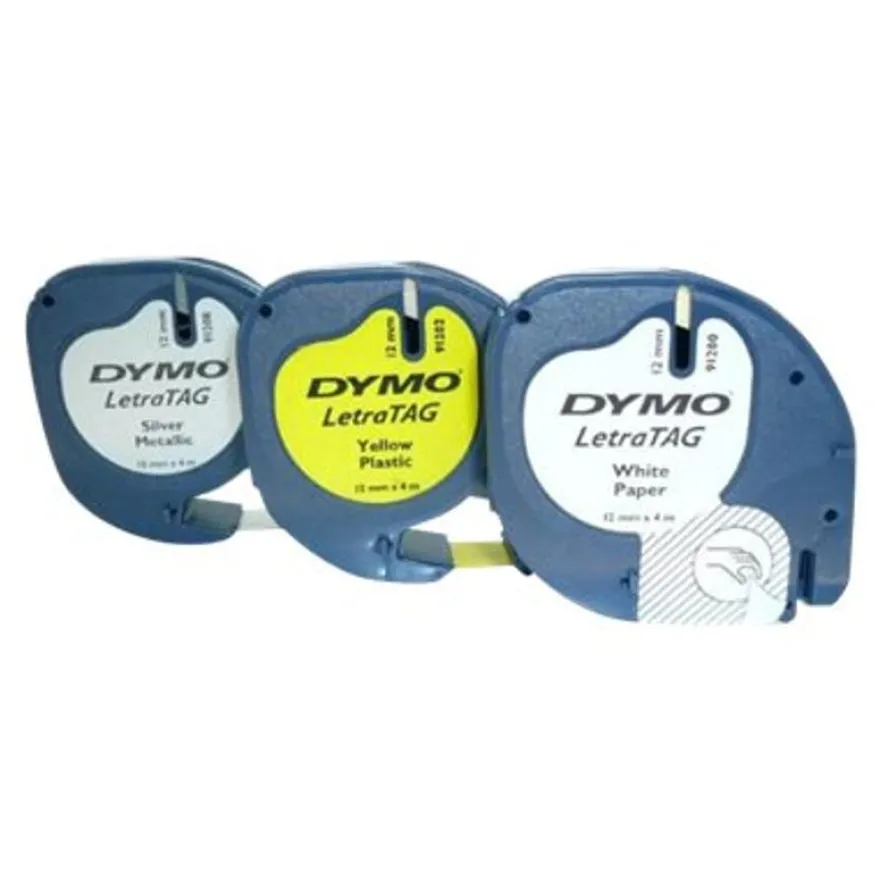 Dymo LetraTAG - Ruban d'étiquettes auto-adhésives - 3 rouleaux métalique, papier et plastique (12 mm x 4 m) - fond jaune ou blanc écriture noire