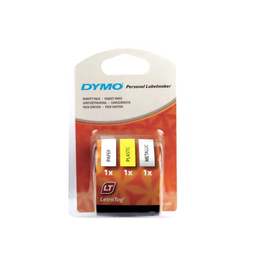 Dymo LetraTAG - Ruban d'étiquettes auto-adhésives - 3 rouleaux métalique, papier et plastique (12 mm x 4 m) - fond jaune ou blanc écriture noire