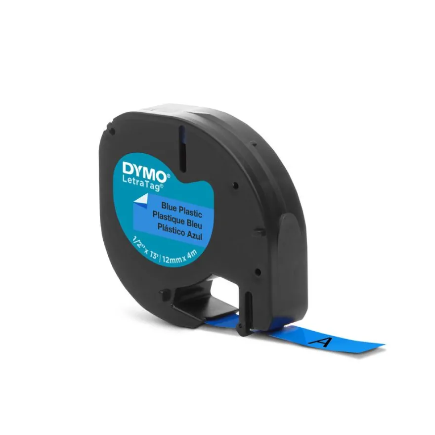 Dymo LetraTAG - Ruban d'étiquettes plastique auto-adhésives - 1 rouleau (12 mm x 4 m) - fond bleu écriture noire