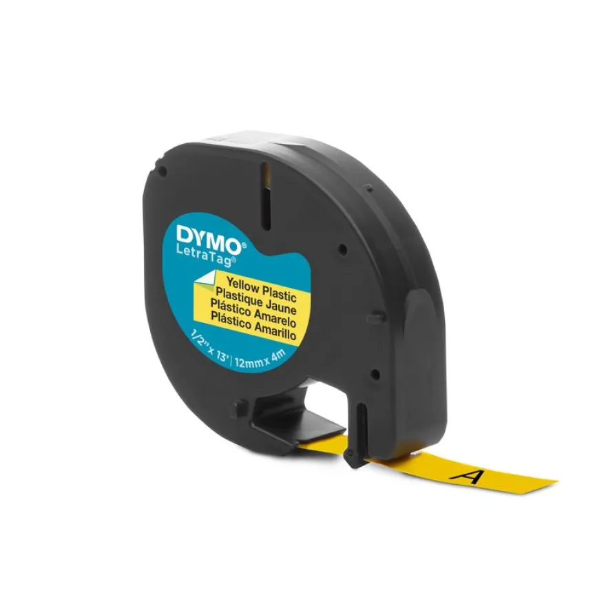 Dymo LetraTAG - Ruban d'étiquettes plastique auto-adhésives - 1 rouleau (12 mm x 4 m) - fond jaune écriture noire