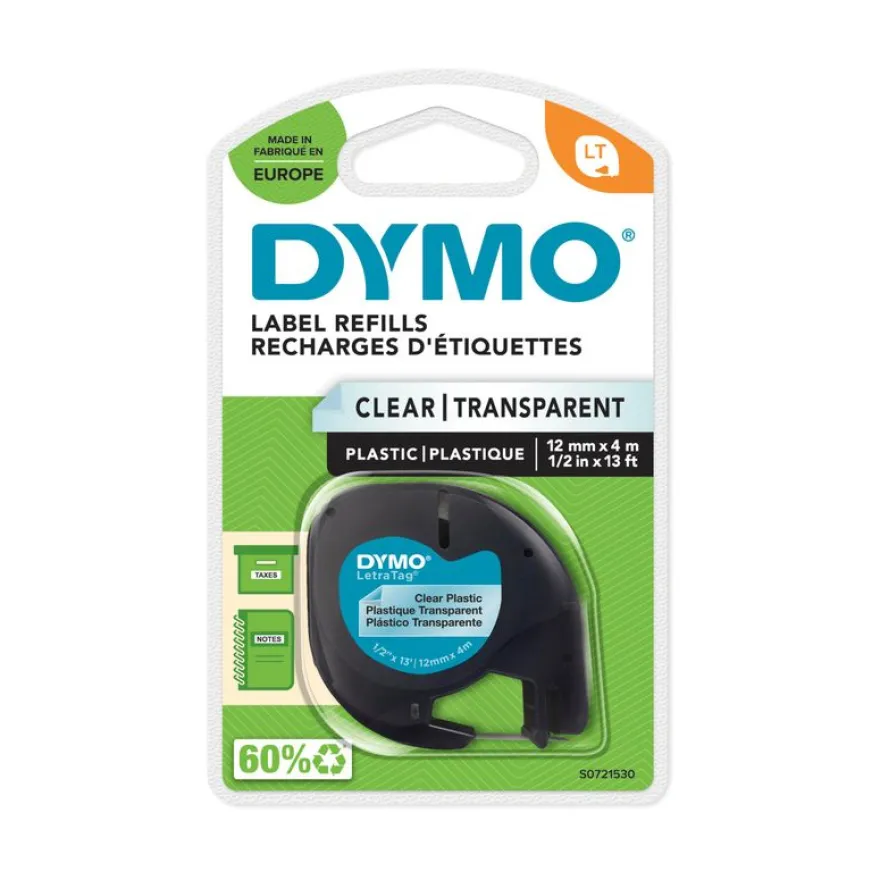 Dymo LetraTAG - Ruban d'étiquettes plastique auto-adhésives - 1 rouleau (12 mm x 4 m) - fond transparent écriture noire