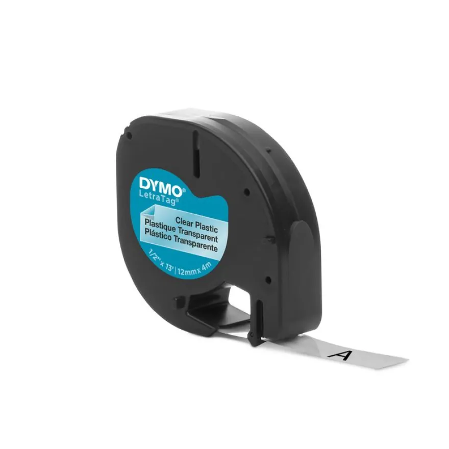 Dymo LetraTAG - Ruban d'étiquettes plastique auto-adhésives - 1 rouleau (12 mm x 4 m) - fond transparent écriture noire