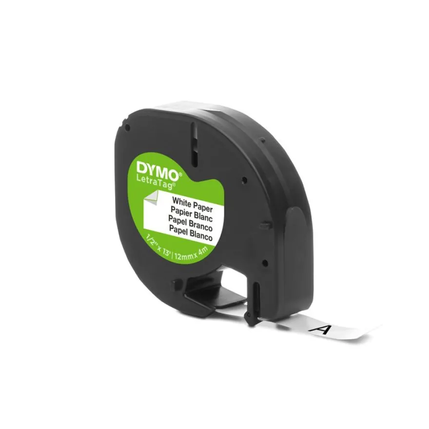 Dymo LetraTAG - Ruban d'étiquettes papier auto-adhésives - 1 rouleau (12 mm x 4 m) - fond blanc écriture noire