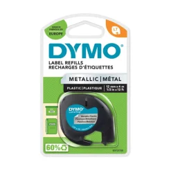 Dymo LetraTAG - Ruban d'étiquettes métallisé auto-adhésives - 1 rouleau (12 mm x 4 m) - fond argent écriture noire