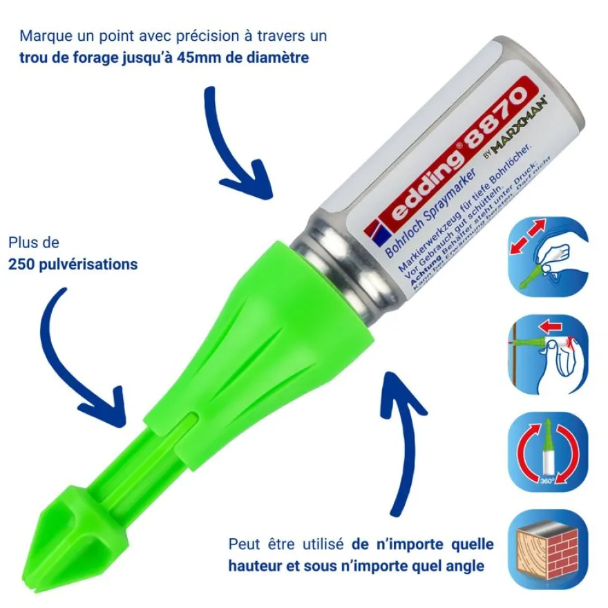 edding - Blister de 1 Marqueur Spray Zones Inaccessibles e-8870 Vert Fluo - Pulvérisation jusqu'à 50 mm