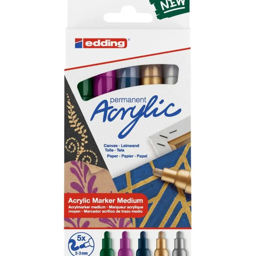 edding - Set de 5 Marqueurs Acrylique e-5100 Assortis - Pointe Ogive 2-3 mm