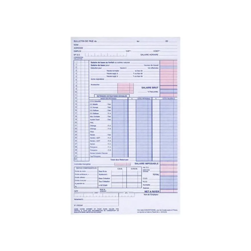ELVE - Manifold Carnet de bulletins de paie - 50 dupli - 23,5 x 14 cm