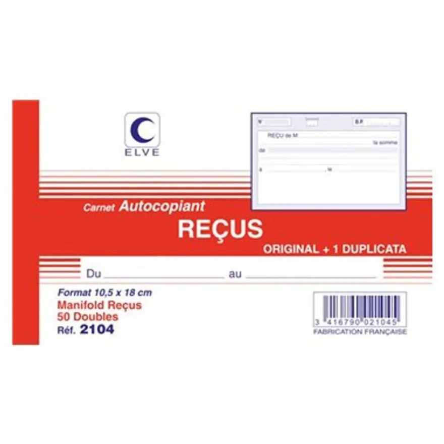 ELVE - Manifold Carnet de reçus - 50 dupli - 10,5 x 18 cm