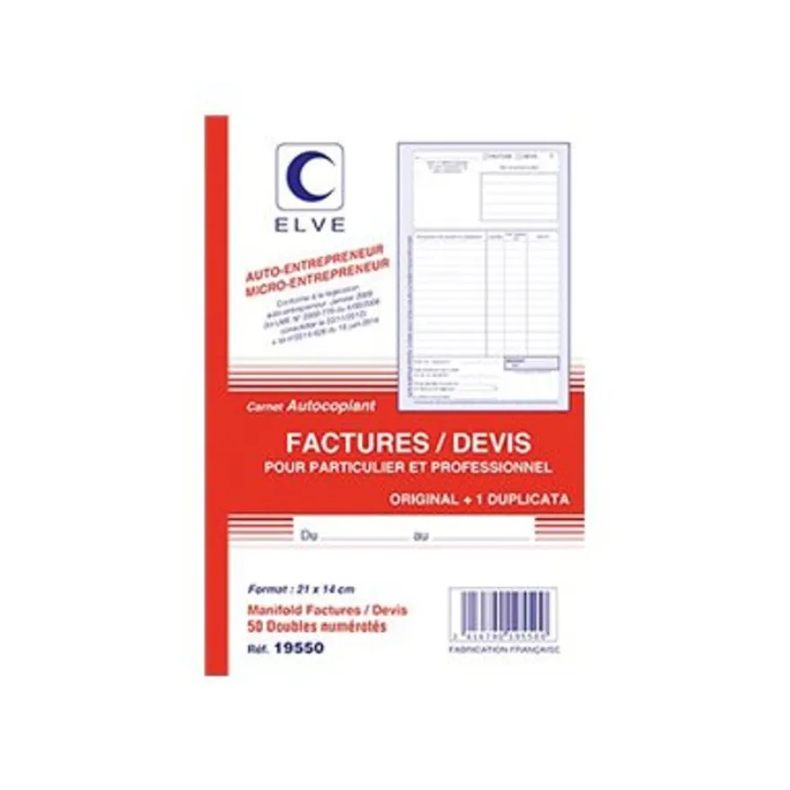 ELVE - Manifold Carnet de factures/devis pour auto-entrepreneurs - 50 dupli - A5