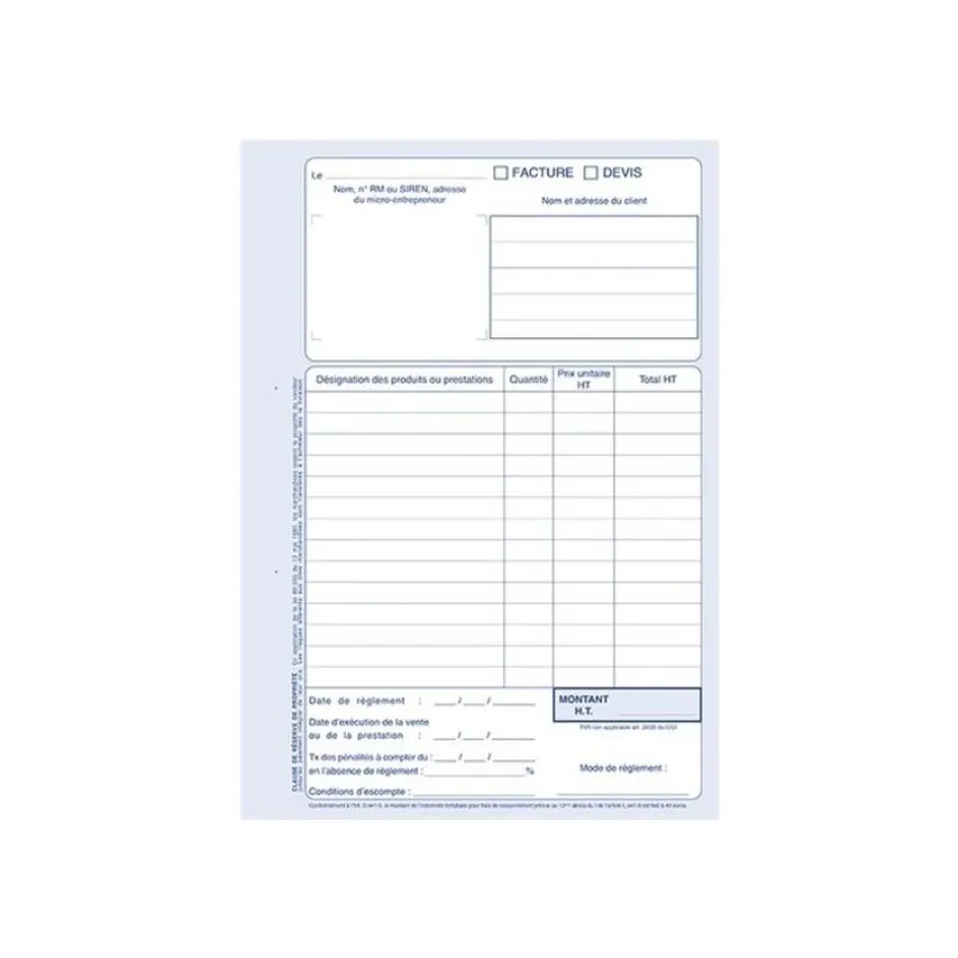 ELVE - Manifold Carnet de factures/devis auto-entrepreneurs - 40 dupli - A4