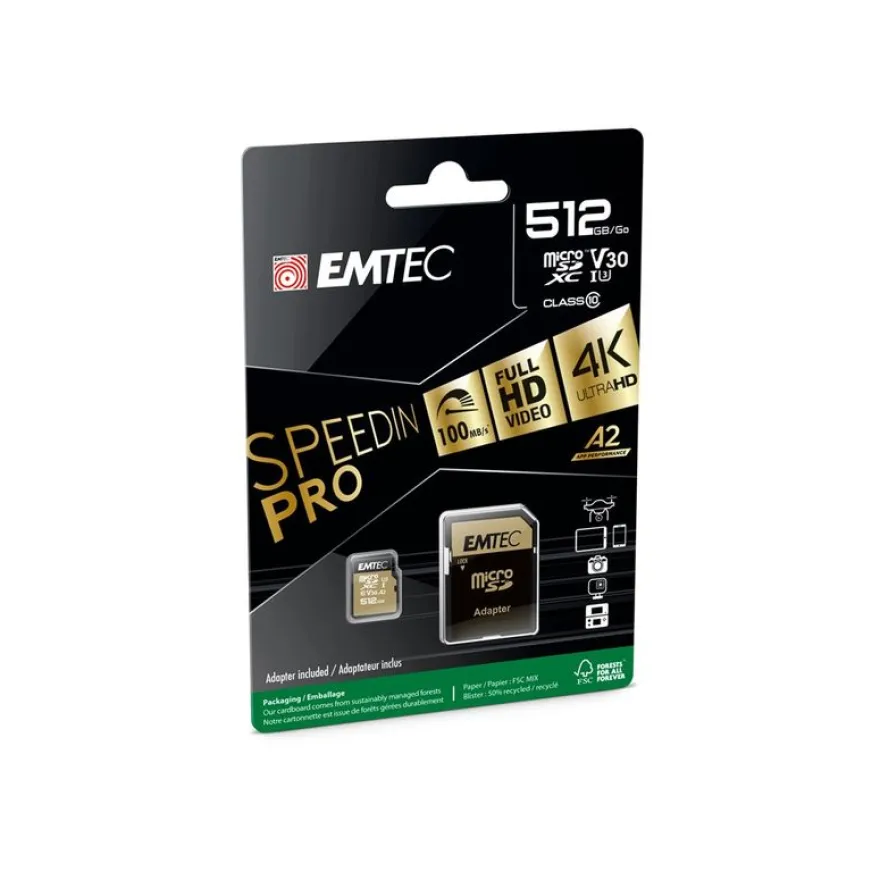 EMTEC SpeedIN' PRO - Carte mémoire flash (adaptateur SD inclus(e)) - 512 Go - A2 / Video Class V30 / UHS-I U3 / Class10 - 670x - microSDXC UHS-I
