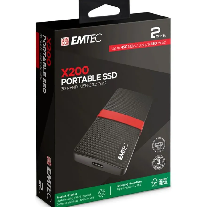 Emtec X200 - Disque dur SSD - 2 To - USB Typ-C - 3.2 Gen 1 (3.1 Gen 1)