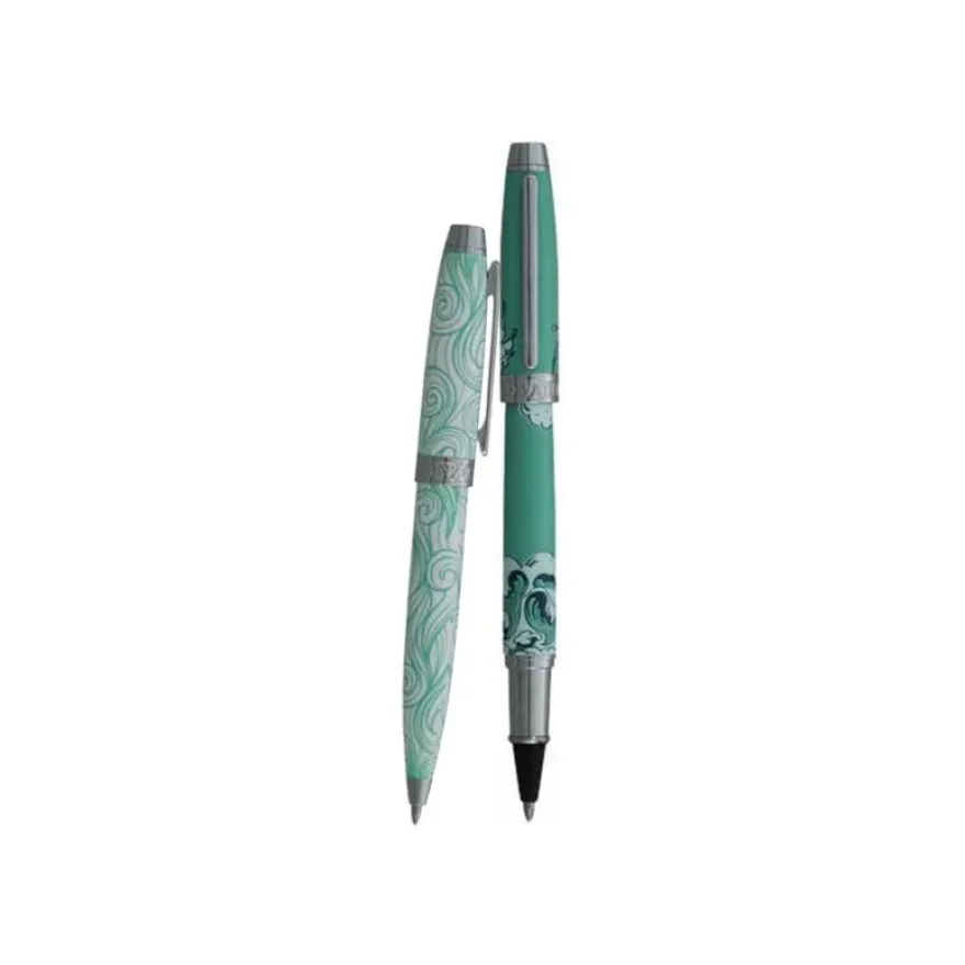 Enzo Varini Mini Taormina Tropea - Parure de stylo à bille et roller - acier blanc et vert motif vague