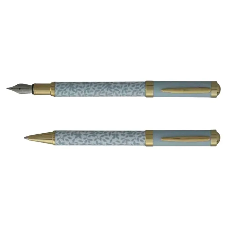 Enzo Varini Palazzo Maiolica - Parure de stylo à bille et stylo plume - fond blanc motif bleu