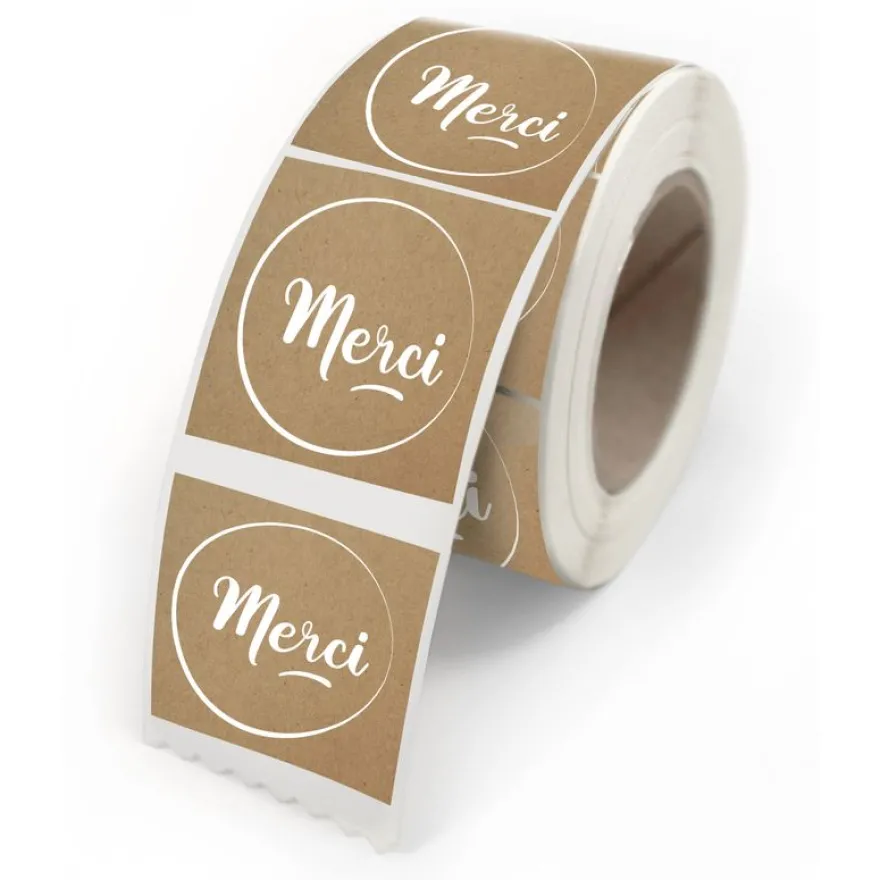 Etiquettes Merci naturel 4x3,5cm - rouleau de 500