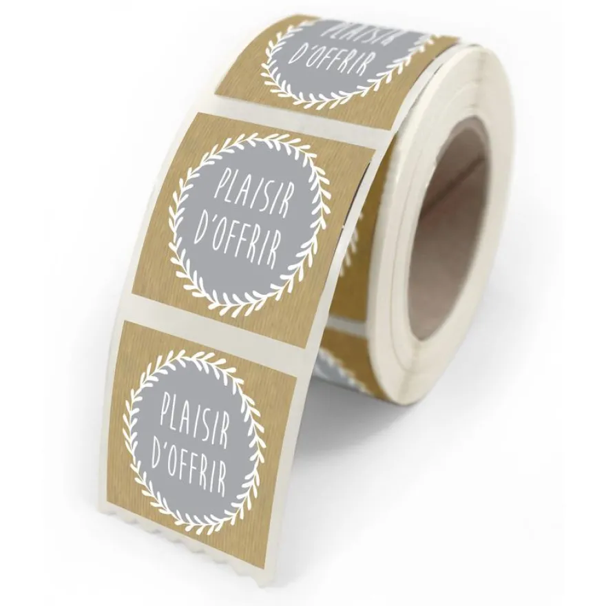 Etiquettes Plaisir d'offrir grise 4x3,5cm - rouleau de 500