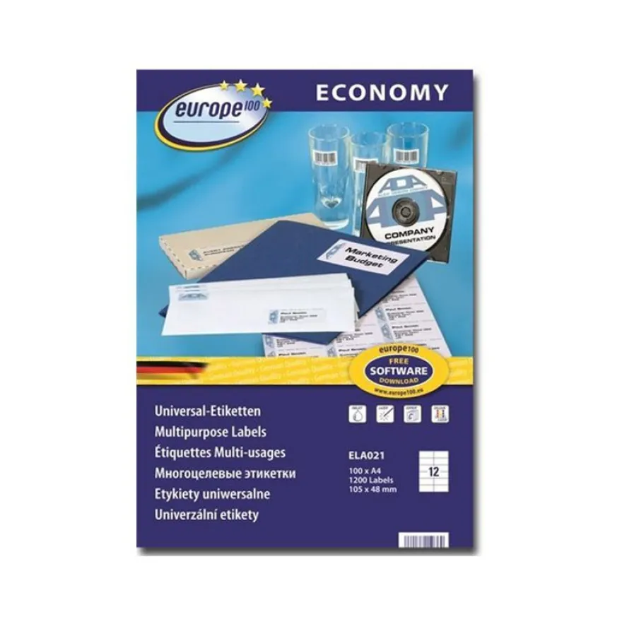 Europe100 - 1200 Étiquettes multi-usages blanches - 105 x 48 mm - réf ELA021.FR