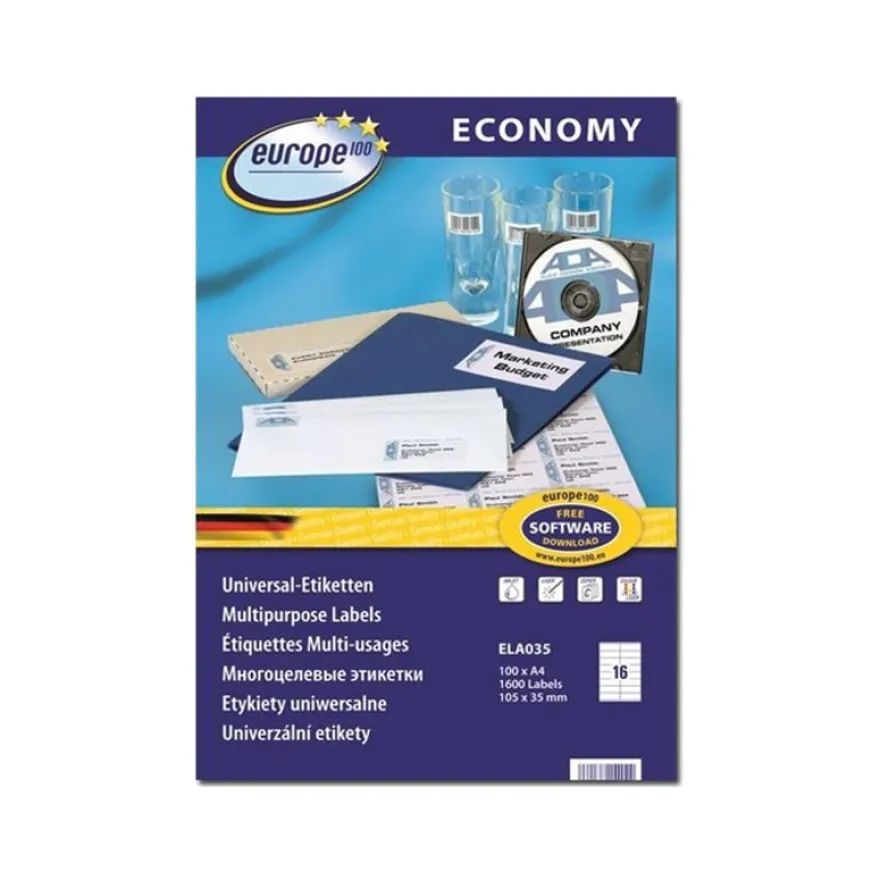 Europe100 - 1600 Étiquettes multi-usages blanches - 105 x 35 mm - réf ELA035