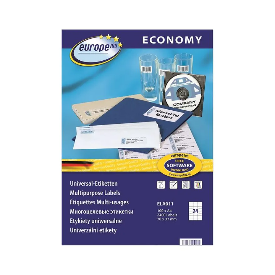 Europe100 - 2400 Étiquettes multi-usages blanches - 70 x 37 mm - réf ELA011
