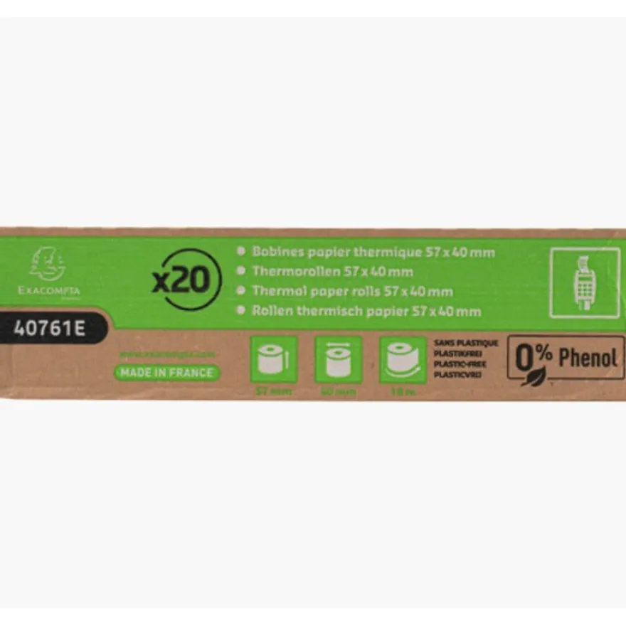 Exacompta - 20 Bobines thermiques - rouleaux TPE - 57 x 40 x 12 mm - 18m - sans mandrin ni film plastique