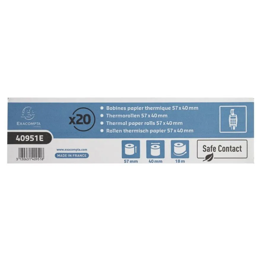Exacompta - 20 Bobines thermiques - rouleaux TPE Safecontact - 1 pli - 57 x 40 x 12 mm - 18 m