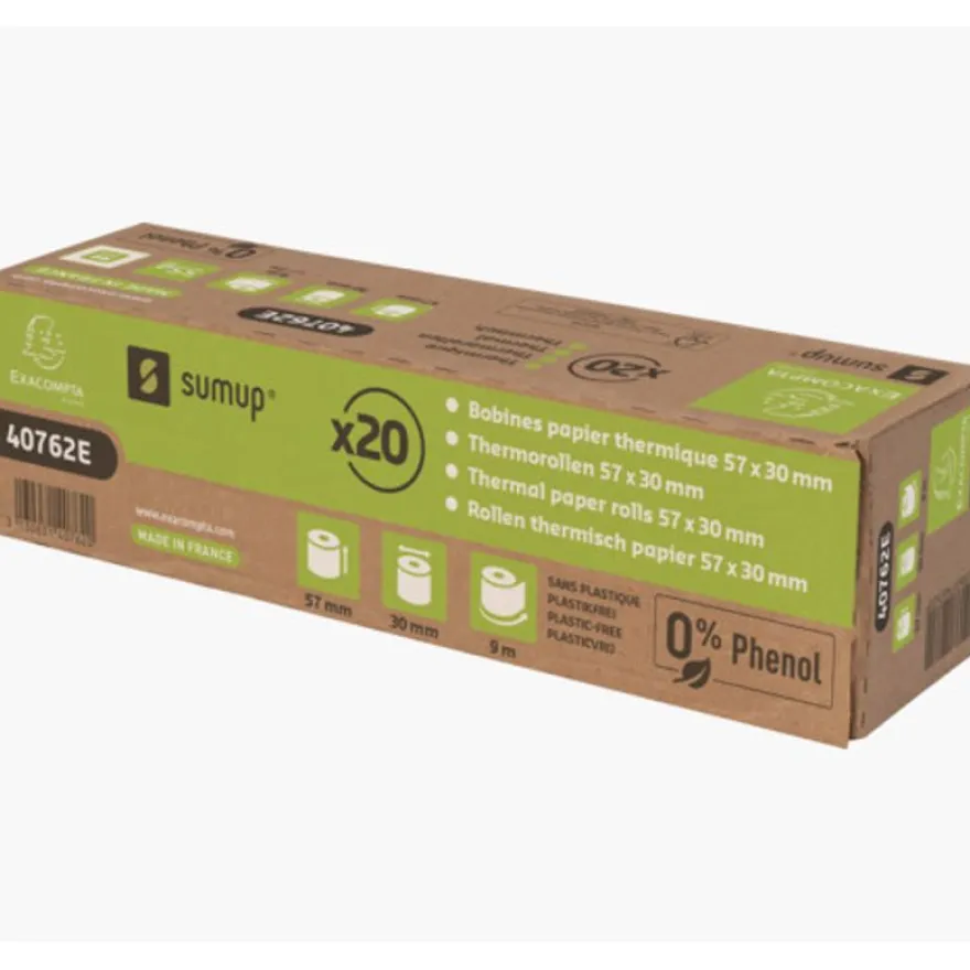 Exacompta - 20 Bobines thermiques - rouleaux pour SUMUP - 57 x 30 mm x 9 m - sans phénol et sans plastique