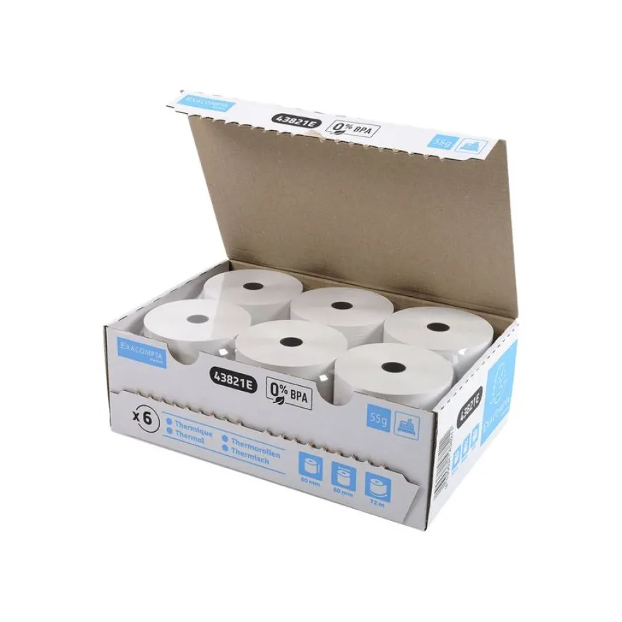 Exacompta - 6 Bobines thermiques - rouleaux caisses - 80 x 80 x 12 mm - sans Bisphénol A - 72 m