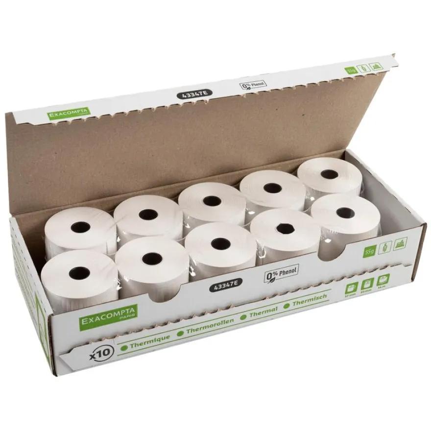 Exacompta - 10 Bobines Ticket de Caisse 57x60mm - 44m - Thermique 55g/m² Sans Phénol - Compatible CB & Imprimantes