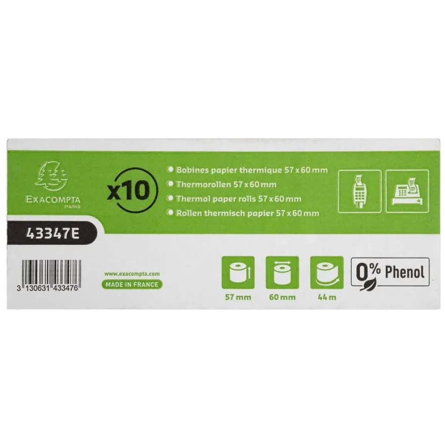 Exacompta - 10 Bobines Ticket de Caisse 57x60mm - 44m - Thermique 55g/m² Sans Phénol - Compatible CB & Imprimantes
