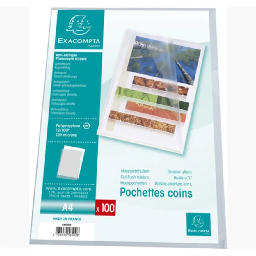 Exacompta - 100 Pochettes coin grainées - A4 - 12/100 - cristal