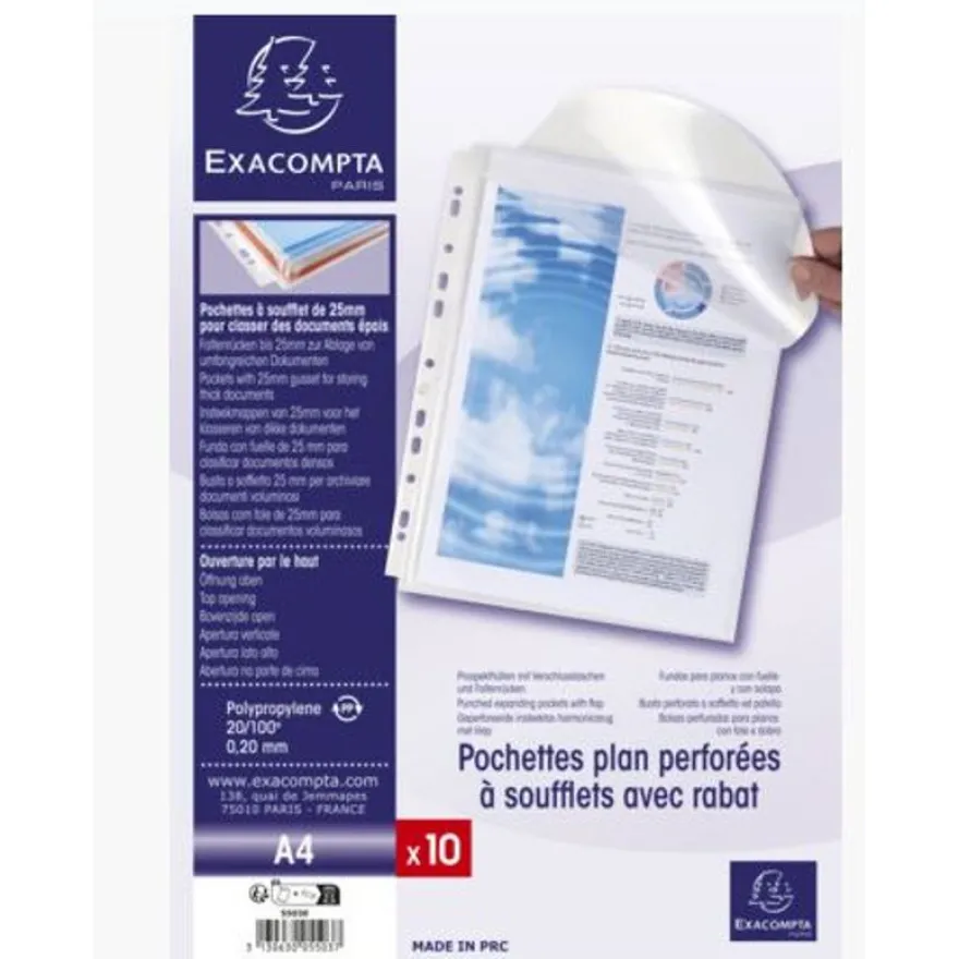 Exacompta - 10 Pochettes perforées à soufflet avec rabat - A4 - 20/100