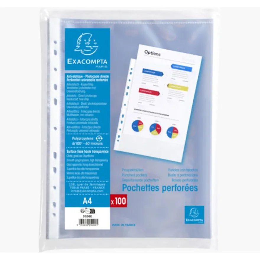 Exacompta - 100 Pochettes perforées - A4 - PP lisses - cristal 6/100E