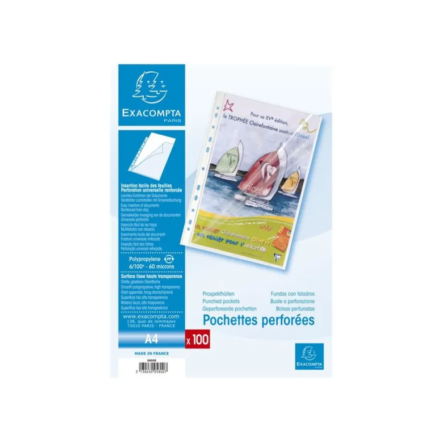 Exacompta - 100 Pochettes perforées - A4 - lisse 6/100 - ouverture 2 côtés