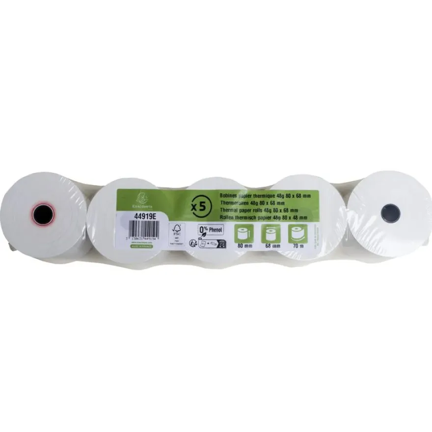 Exacompta – Bobine pour tickets de caisse thermique – 80 x 68 mm – 70 m – 1 pli – 48 g/m² – sans phénol – blanc