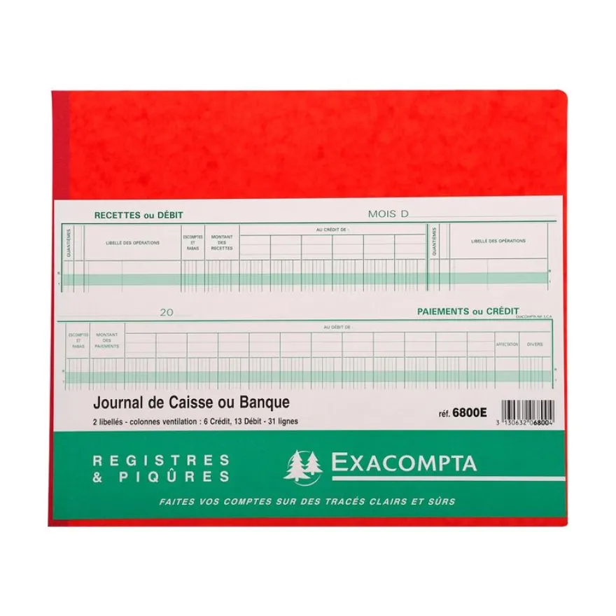 Exacompta - Journal de caisse ou banque - 19 colonnes : 13 débits/6 crédits - 27 x 32 cm horizontal