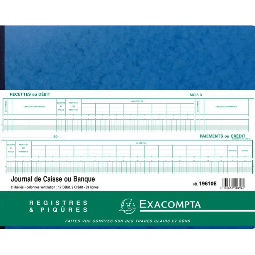 Exacompta - Journal de caisse ou banque - 17 débits/9 crédits - 29,7 x 38 cm - 80 pages