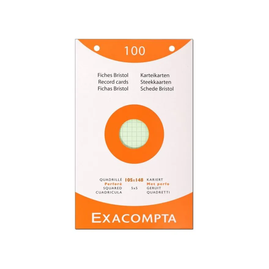 Exacompta - Pack de 100 Fiches Bristol - 10 x 15 cm - petits carreaux - perforées - couleurs assorties