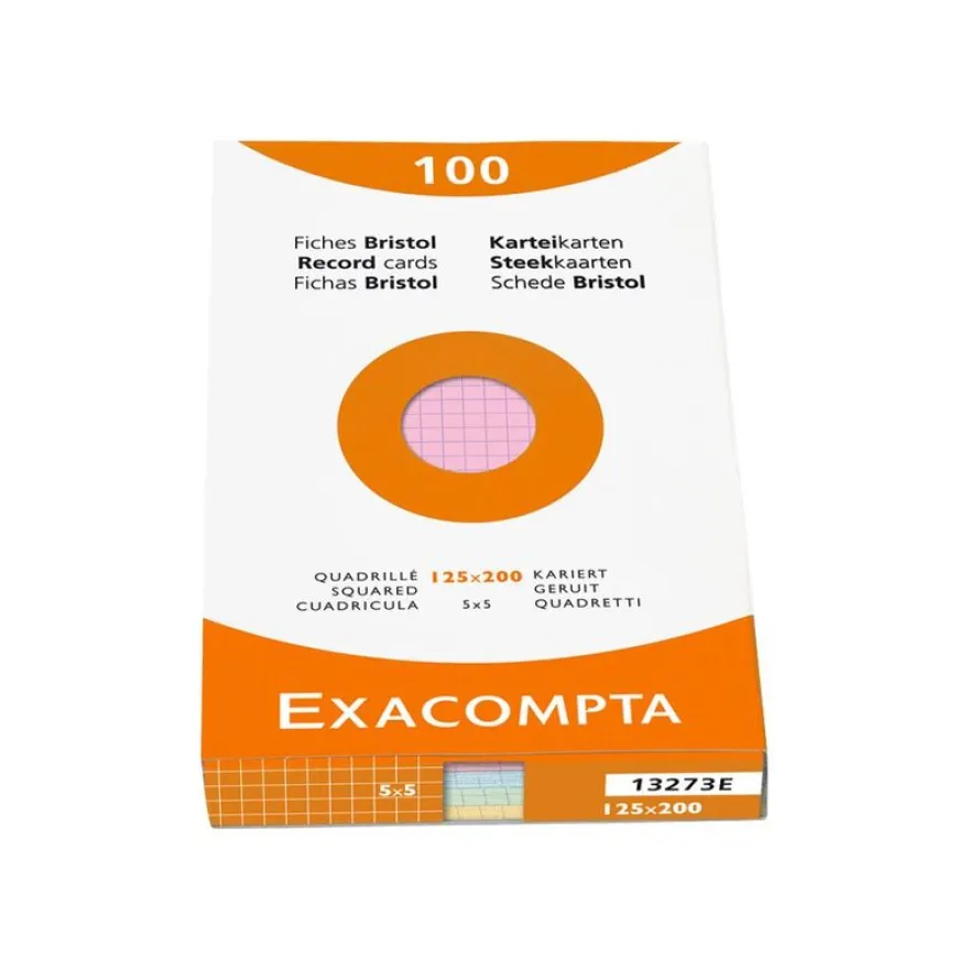 Exacompta - Pack de 100 Fiches Bristol - 12,5 x 20 cm - petits carreaux - non perforées - couleurs assorties