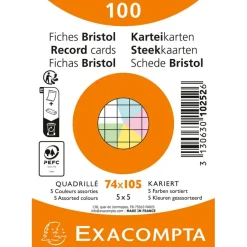 Exacompta - Pack de 100 fiches Bristol quadrillé 5x5 - A7 (74x105) - petits carreaux - assorties sous film