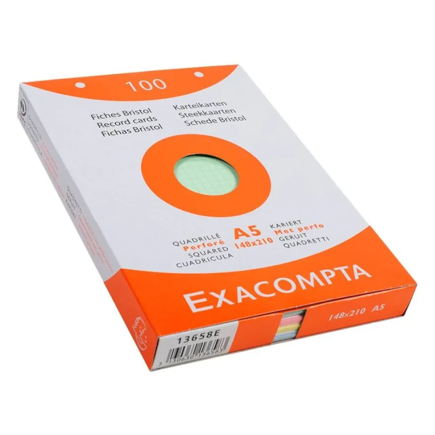 Exacompta - Pack de 100 Fiches bristol - A5 - petits carreaux - couleurs assorties
