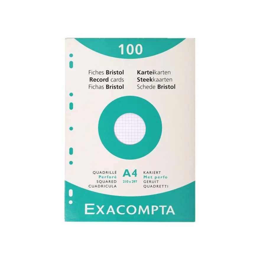 Exacompta - Pack de 100 Fiches Bristol - A4 - petits carreaux - perforées - blanc