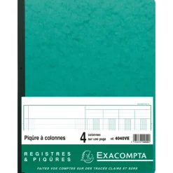 Exacompta - Piqûre comptable - 4 colonnes par page - 32 x 25 cm - 80 pages - vert