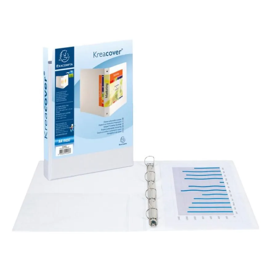 Exacompta Kreacover - Classeur à anneaux personnalisable - Dos 38 mm - A4 Maxi - pour 100 feuilles - blanc - 2 pochettes extérieures