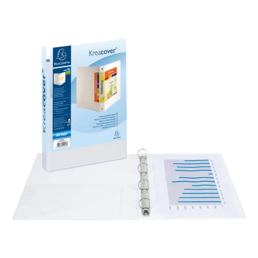 Exacompta Kreacover - Classeur à anneaux personnalisable - Dos 30 mm - A4 Maxi - pour 200 feuilles - blanc - 2 pochettes extérieures
