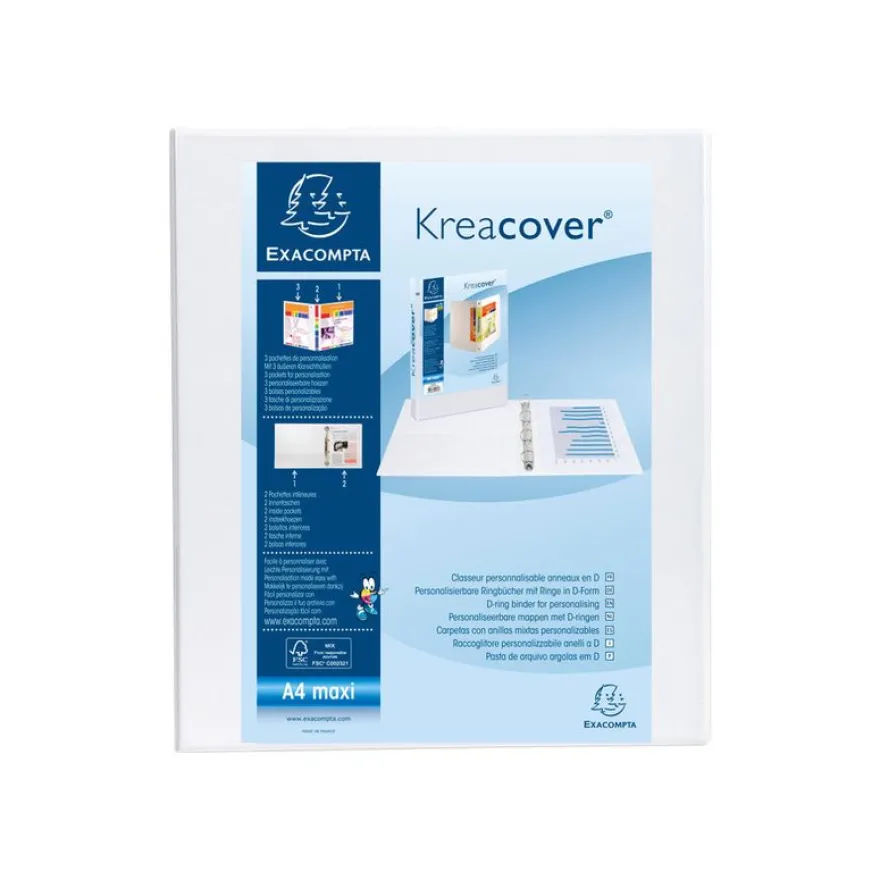 Exacompta Kreacover - Classeur à anneaux personnalisable - Dos 38 mm - A4 Maxi - pour 100 feuilles - blanc - 3 pochettes extérieures