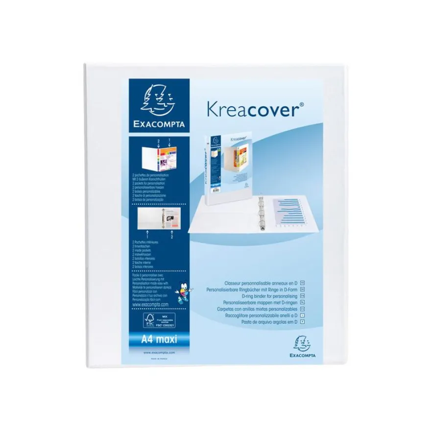 Exacompta Kreacover - Classeur à anneaux personnalisable - Dos 40 mm - A4 Maxi - pour 225 feuilles - blanc - 2 pochettes extérieures
